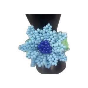 Light Blue Flower On 3d Kandi Cuff-Blue  and Green Glow Beads-EDC Flower Bracele